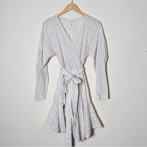 A.L.C. Enzo Wrap Dress Cotton Poplin Stripe Mini Ruffle size 12 - Picture 2 of 15